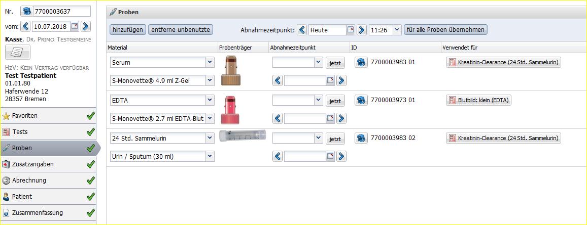 Screenshot einer Software-Oberfläche mit Probeninformationen. Enthält Felder für Probenname, Abnahmezeitpunkt und ID-Nummern. Sichtbare Proben: Serum, EDTA, Urin.