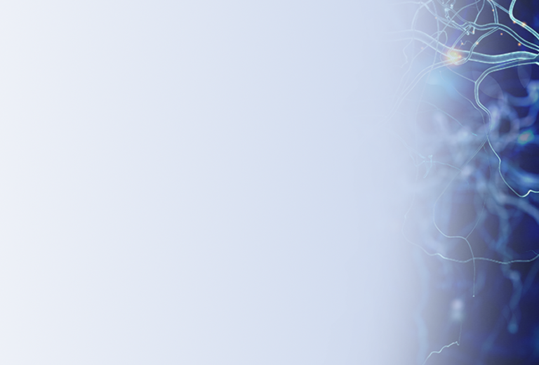 Darstellung von Nervenzellen und neuronalen Verbindungen auf einem dunklen Hintergrund. Links ein heller Bereich, rechts komplexe neuronale Strukturen.