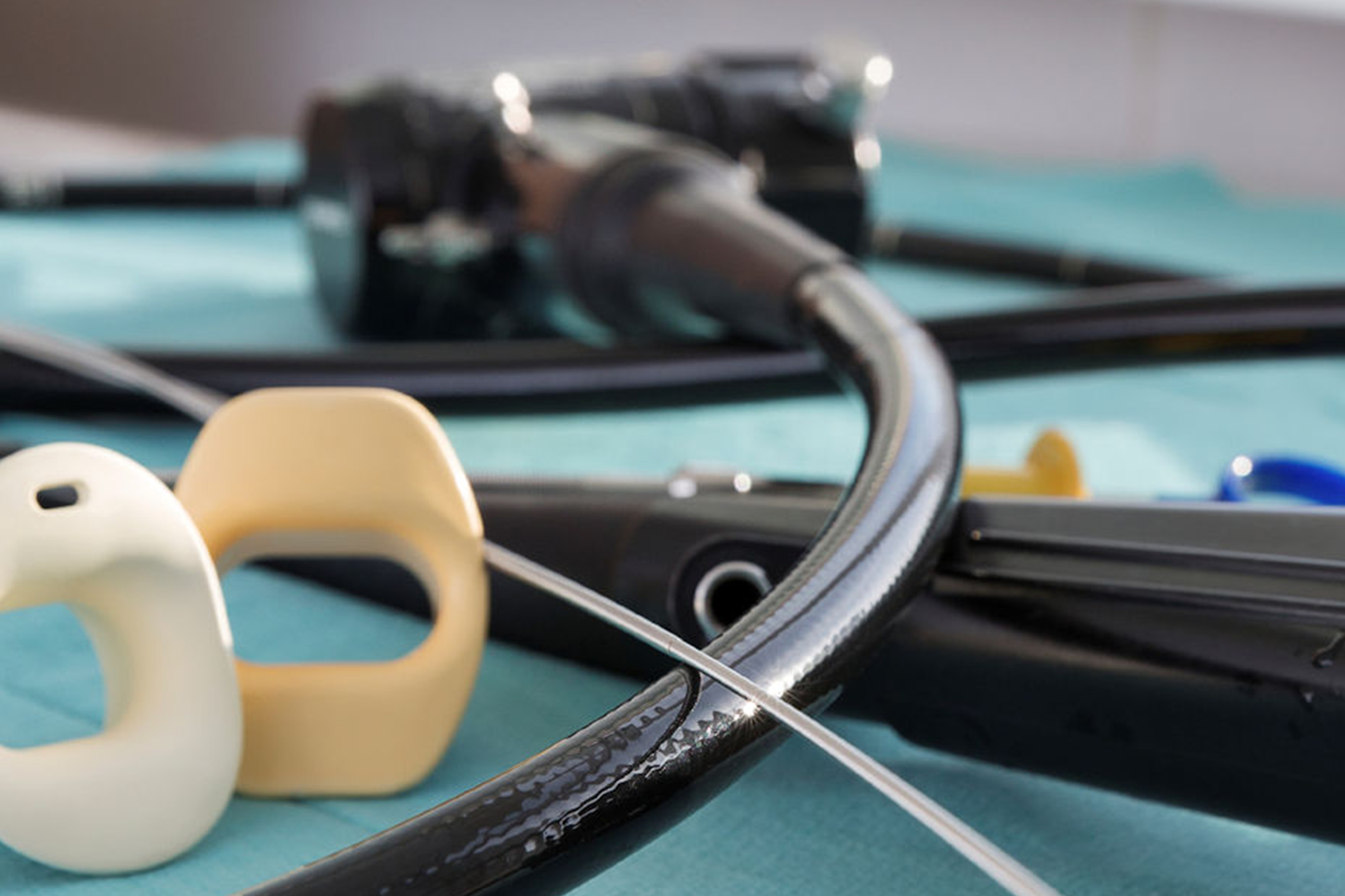 Flexibles Endoskop mit Steuergriff und Aufbereitungszubehör auf blauem Tuch zur Überprüfung der Aufbereitung